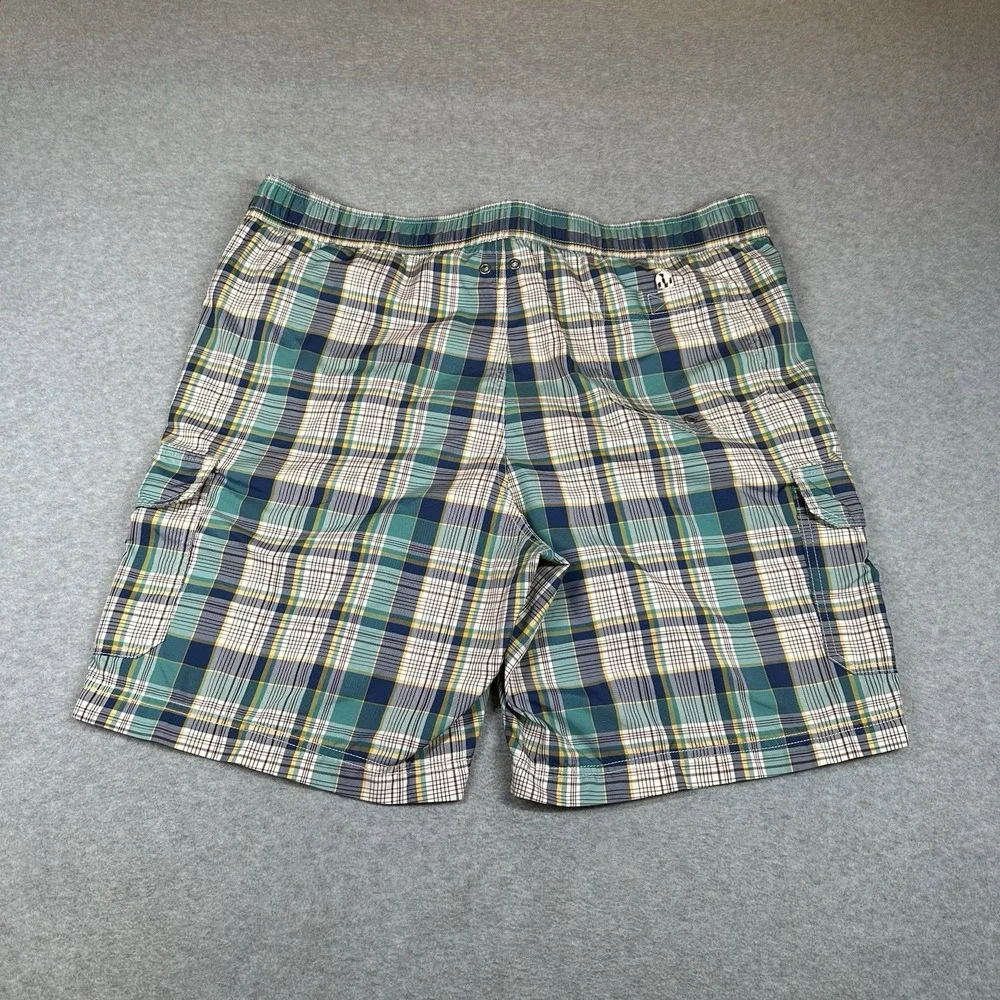 Lands End Swim Trunks Mens L Green Plaid Cargo Pockets Lined 8.5 in Inseam Board